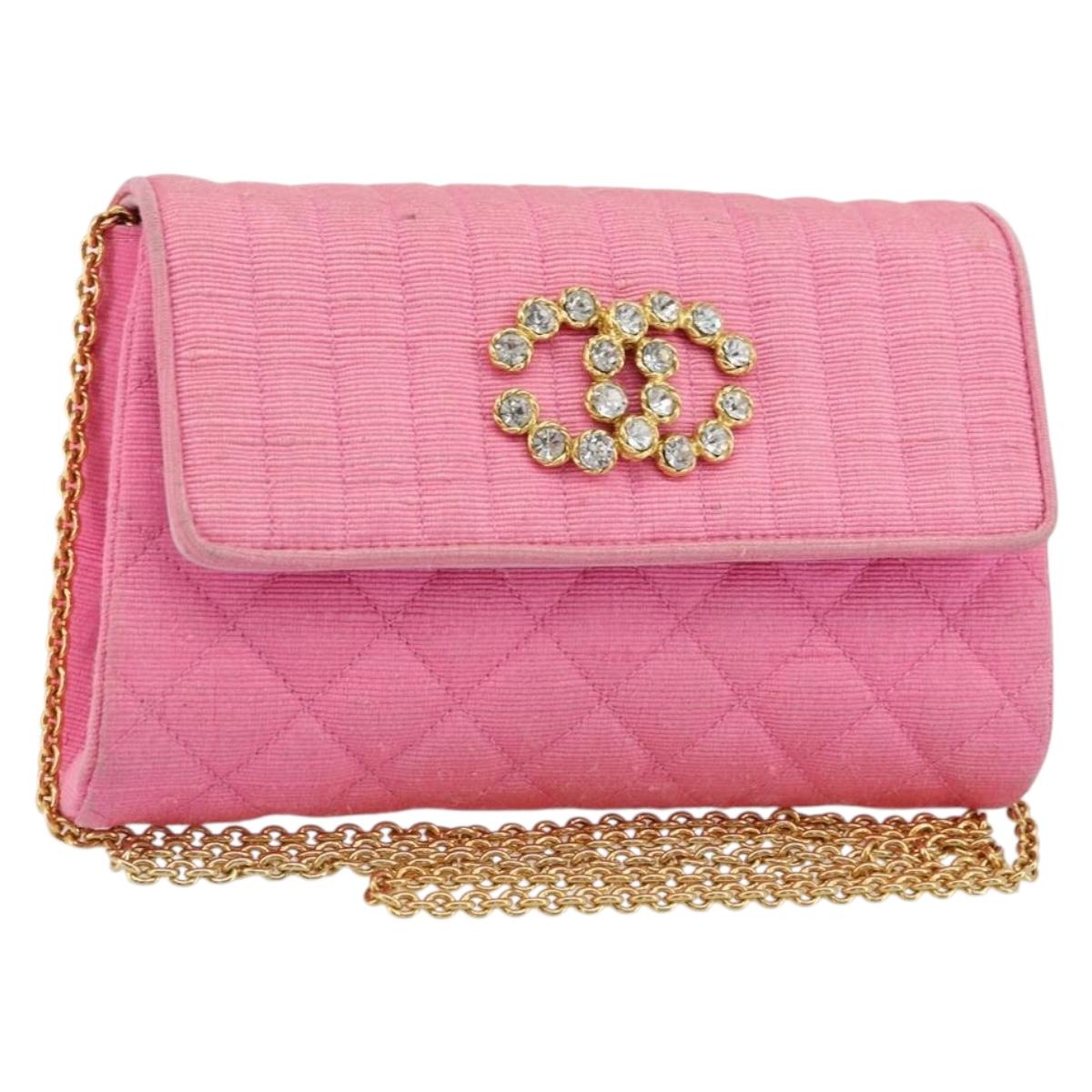 CHANEL Matelasse Chain Shoulder Bag Satin Gold Pink CC Auth 179642A