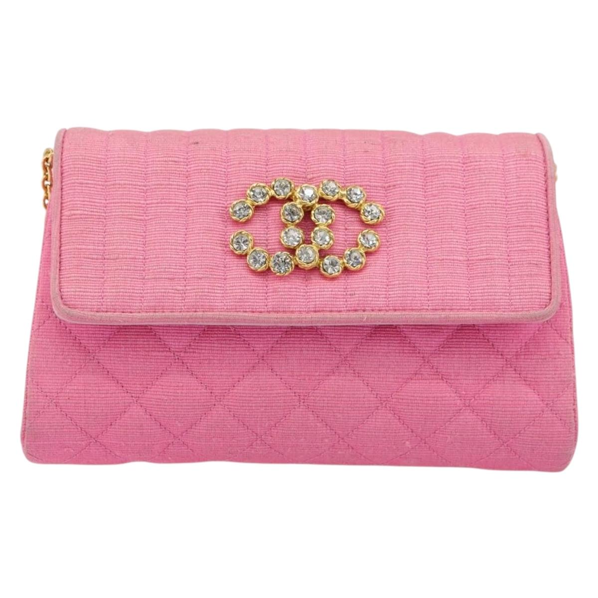 CHANEL Matelasse Chain Shoulder Bag Satin Gold Pink CC Auth 179642A