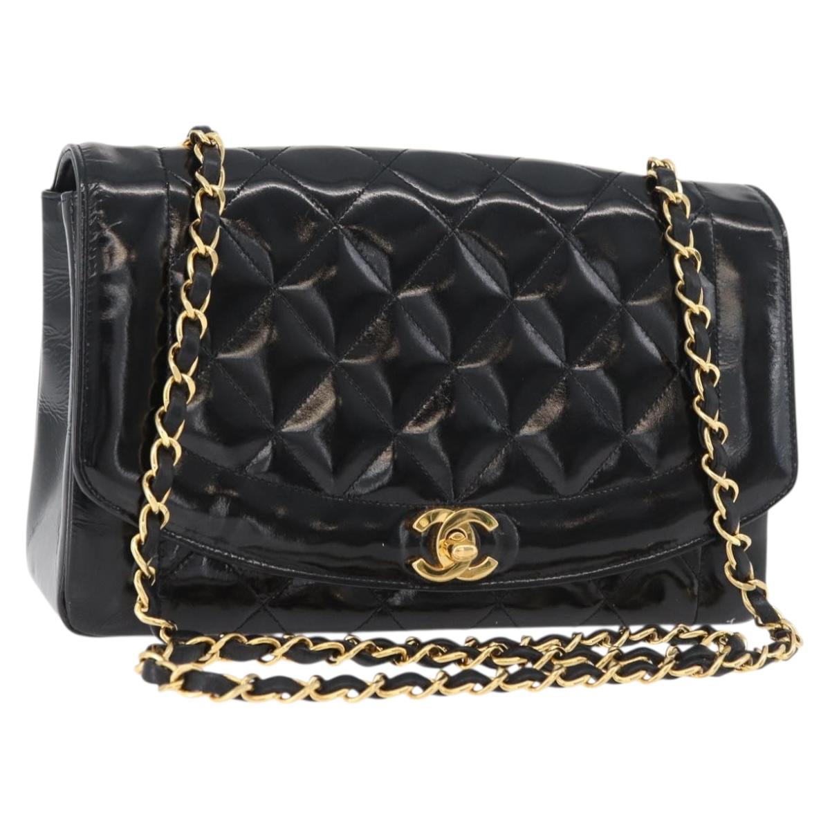 CHANEL Matelasse Chain Shoulder Bag Patent Leather Black Gold CC Auth 179684A