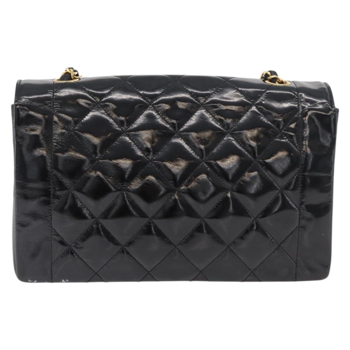 CHANEL Matelasse Chain Shoulder Bag Patent Leather Black Gold CC Auth 179684A