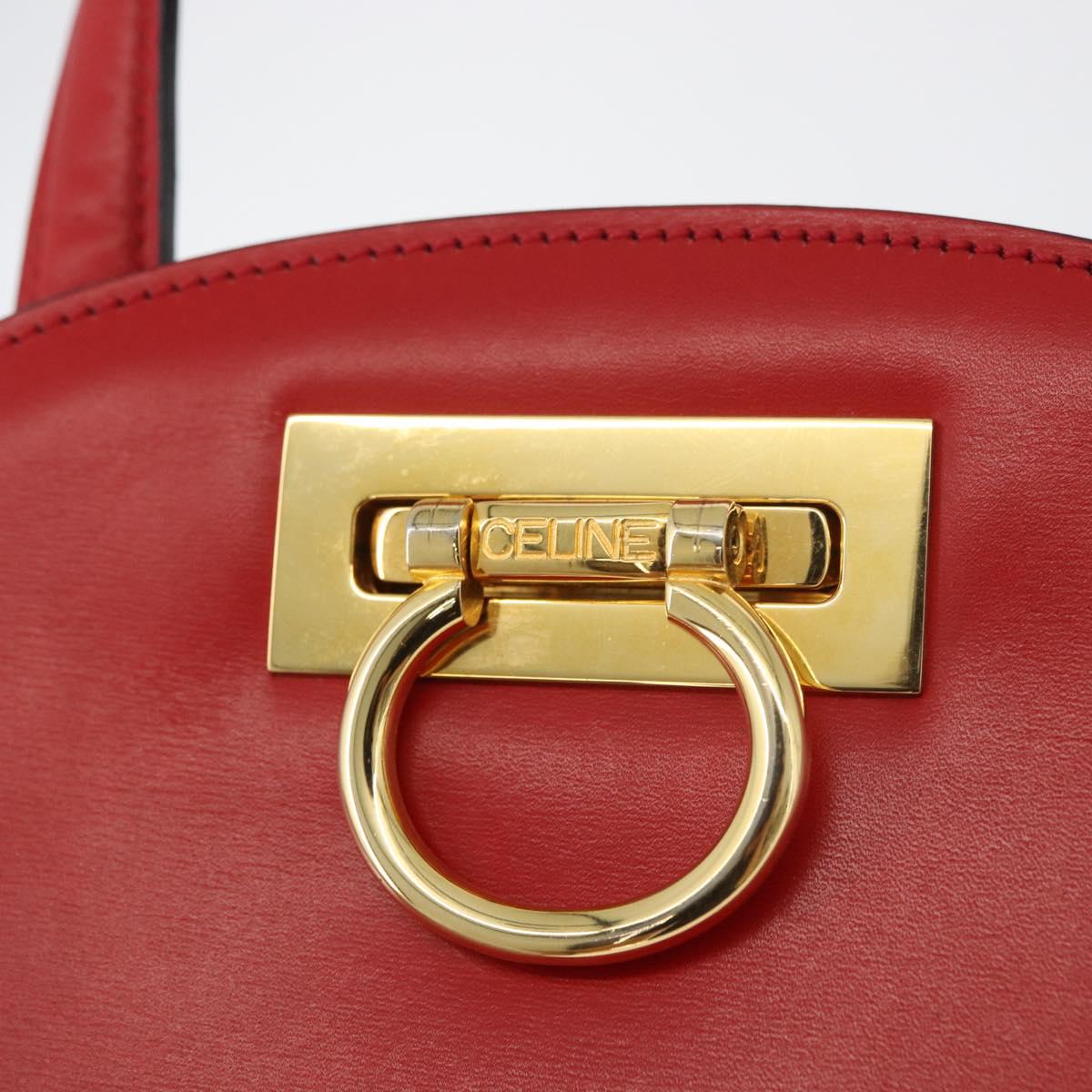CELINE Circle Hand Bag Leather Red Gold Auth 179697V