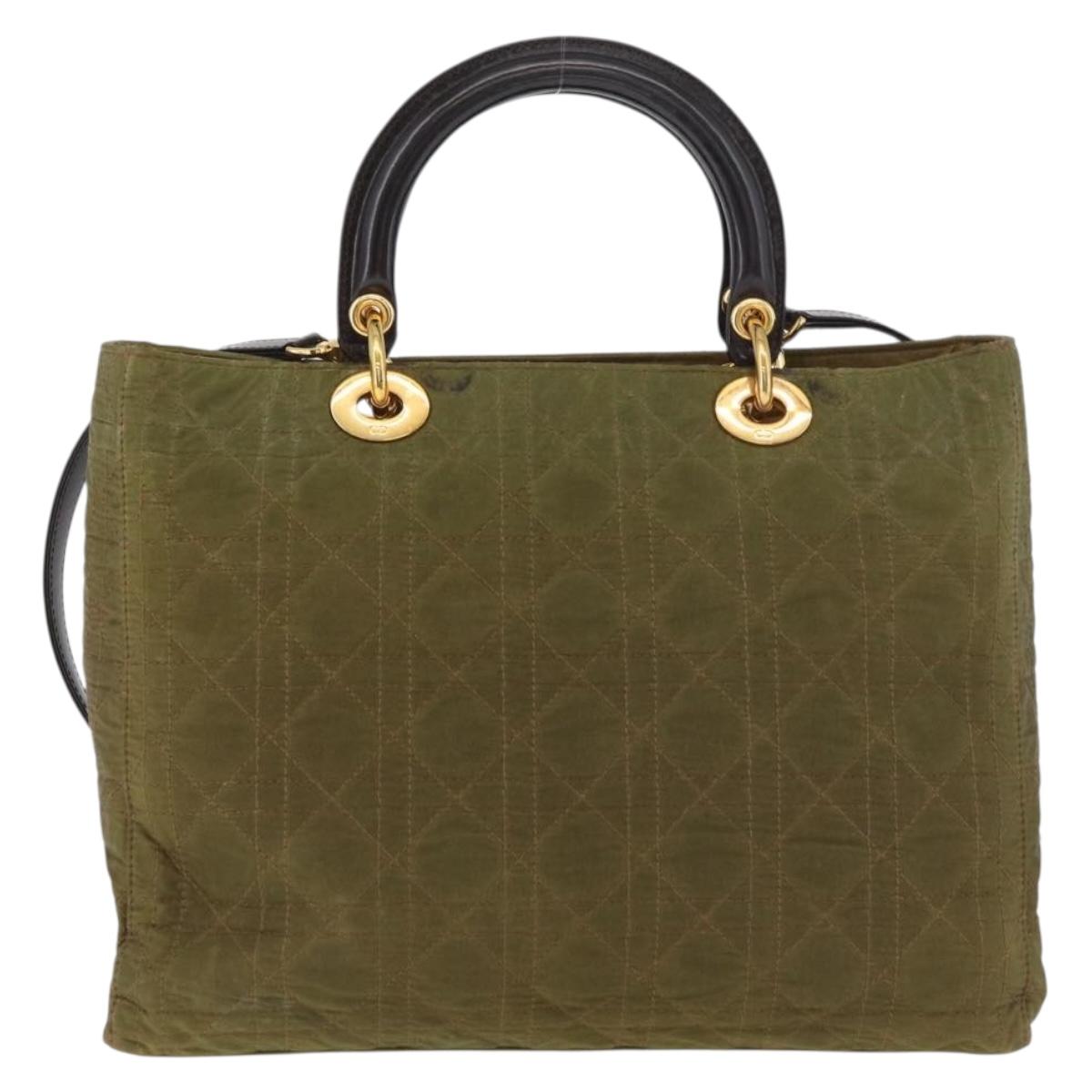 Christian Dior Canage Lady Dior Hand Bag Nylon 2way Khaki Gold Auth 179698