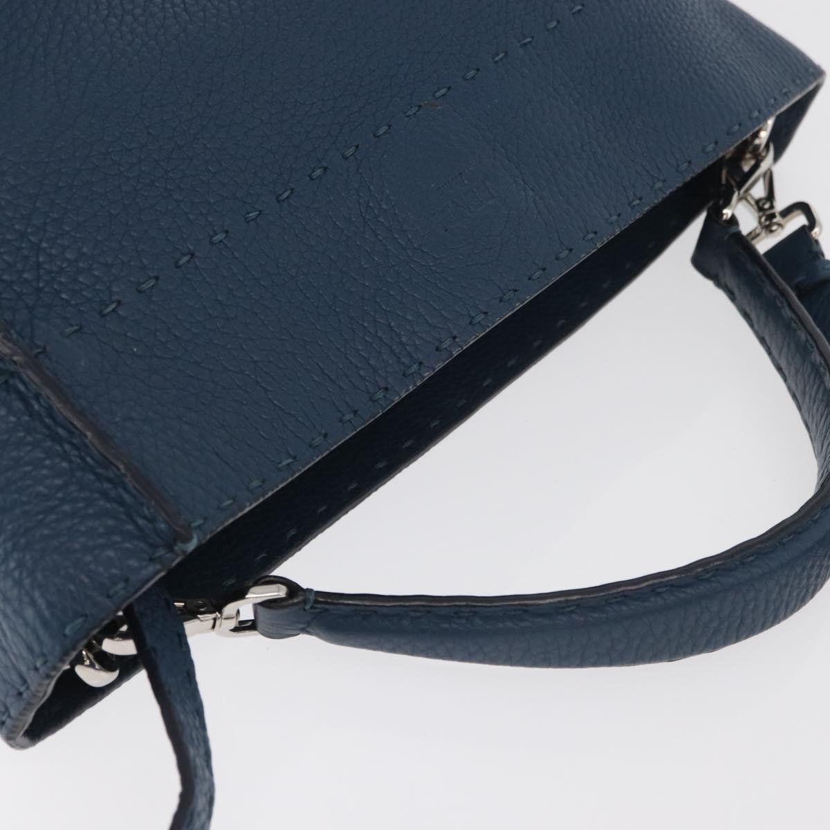 FENDI Celeria Anna Shoulder Bag Leather 2way Navy Silver Auth 179700A