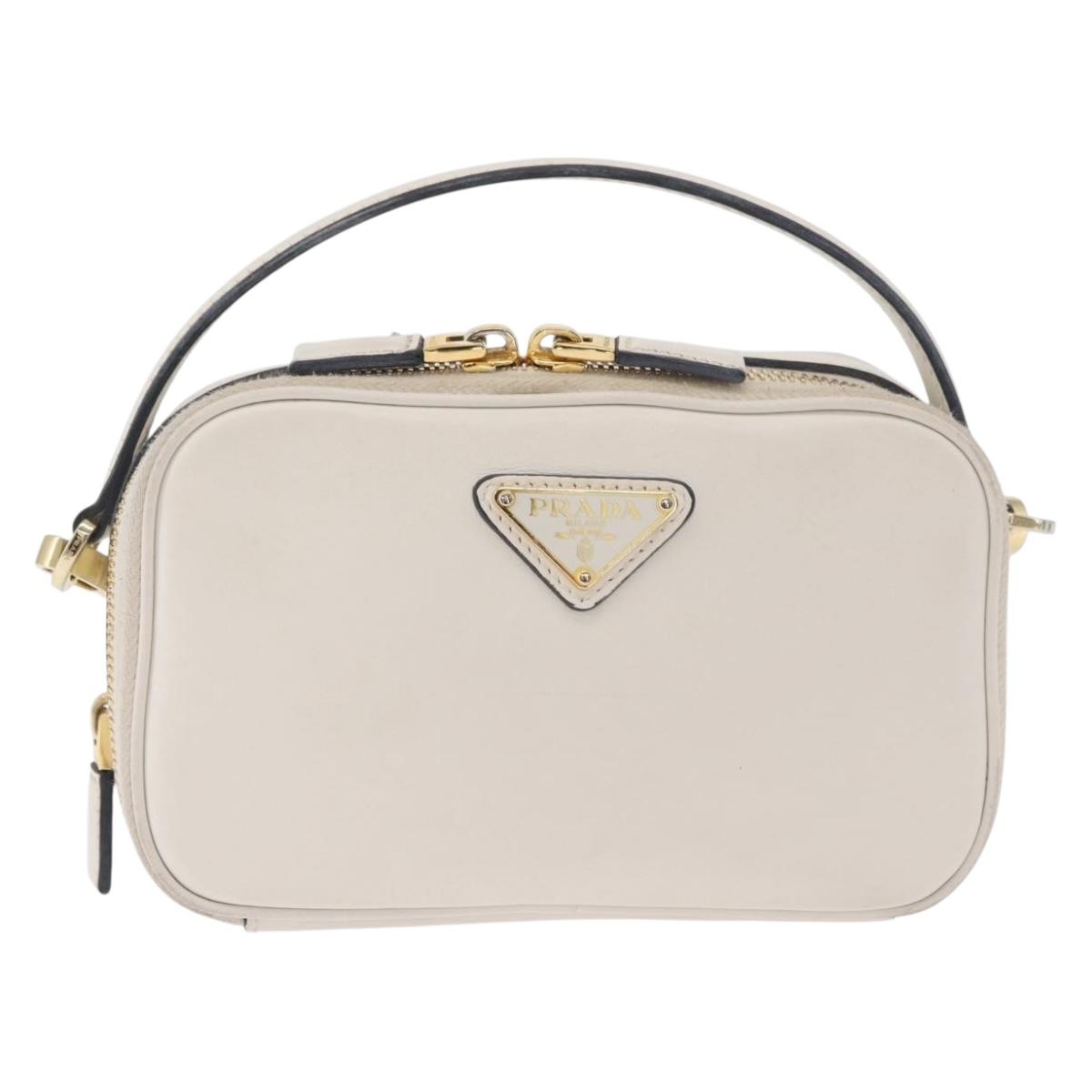 PRADA Hand Bag Leather 2way White Gold Auth 179715A