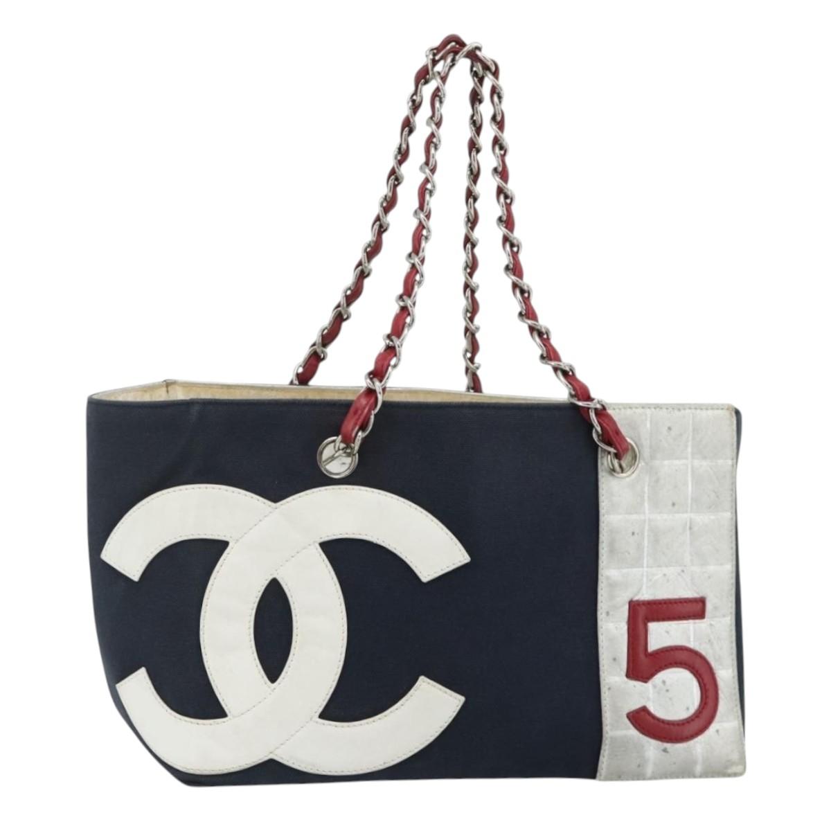 CHANEL Choco Bar Chain Shoulder Tote Bag Canvas Navy Silver CC Auth 179720
