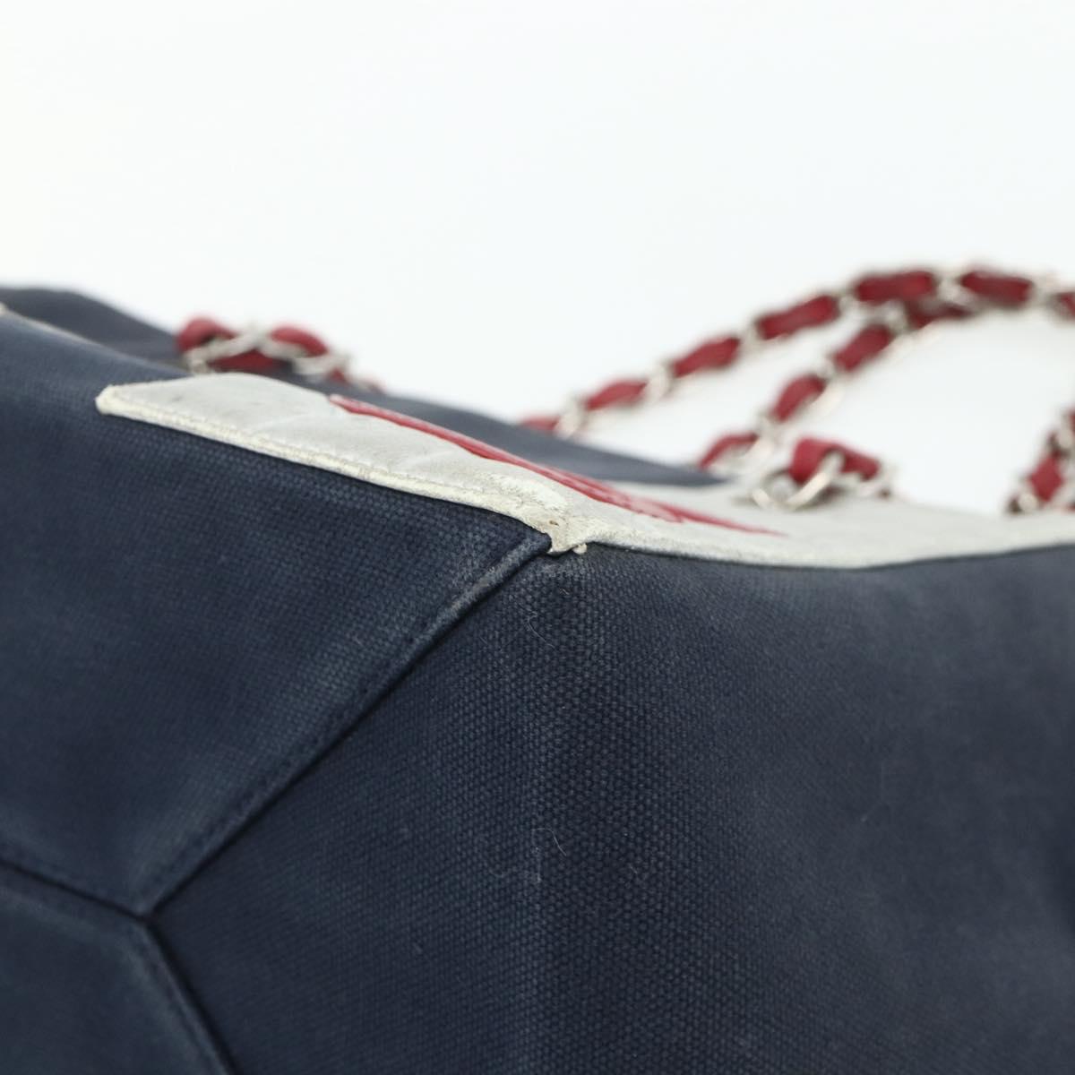 CHANEL Choco Bar Chain Shoulder Tote Bag Canvas Navy Silver CC Auth 179720