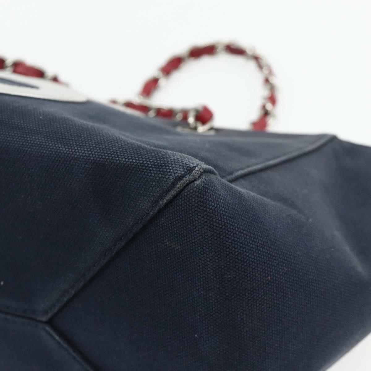 CHANEL Choco Bar Chain Shoulder Tote Bag Canvas Navy Silver CC Auth 179720
