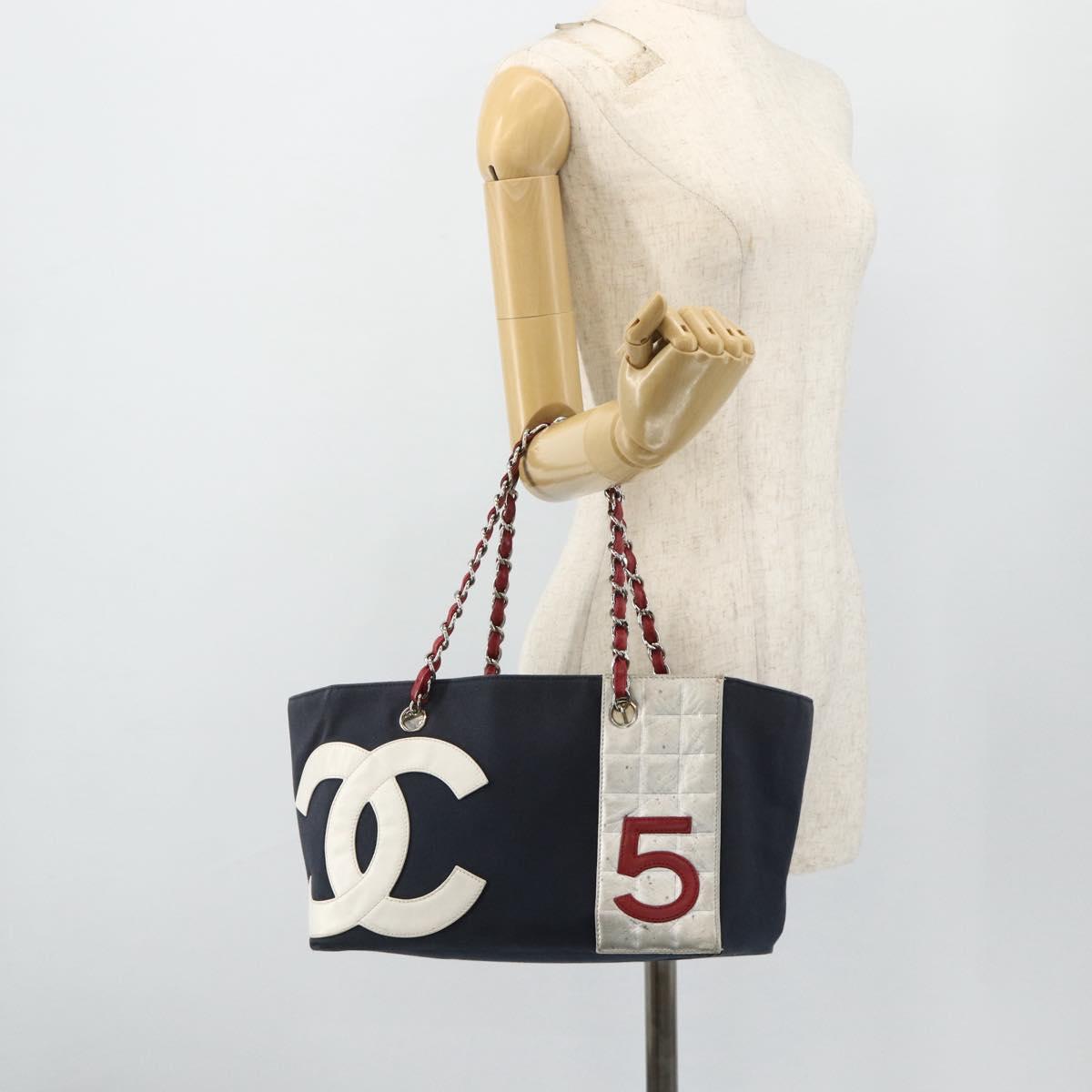 CHANEL Choco Bar Chain Shoulder Tote Bag Canvas Navy Silver CC Auth 179720
