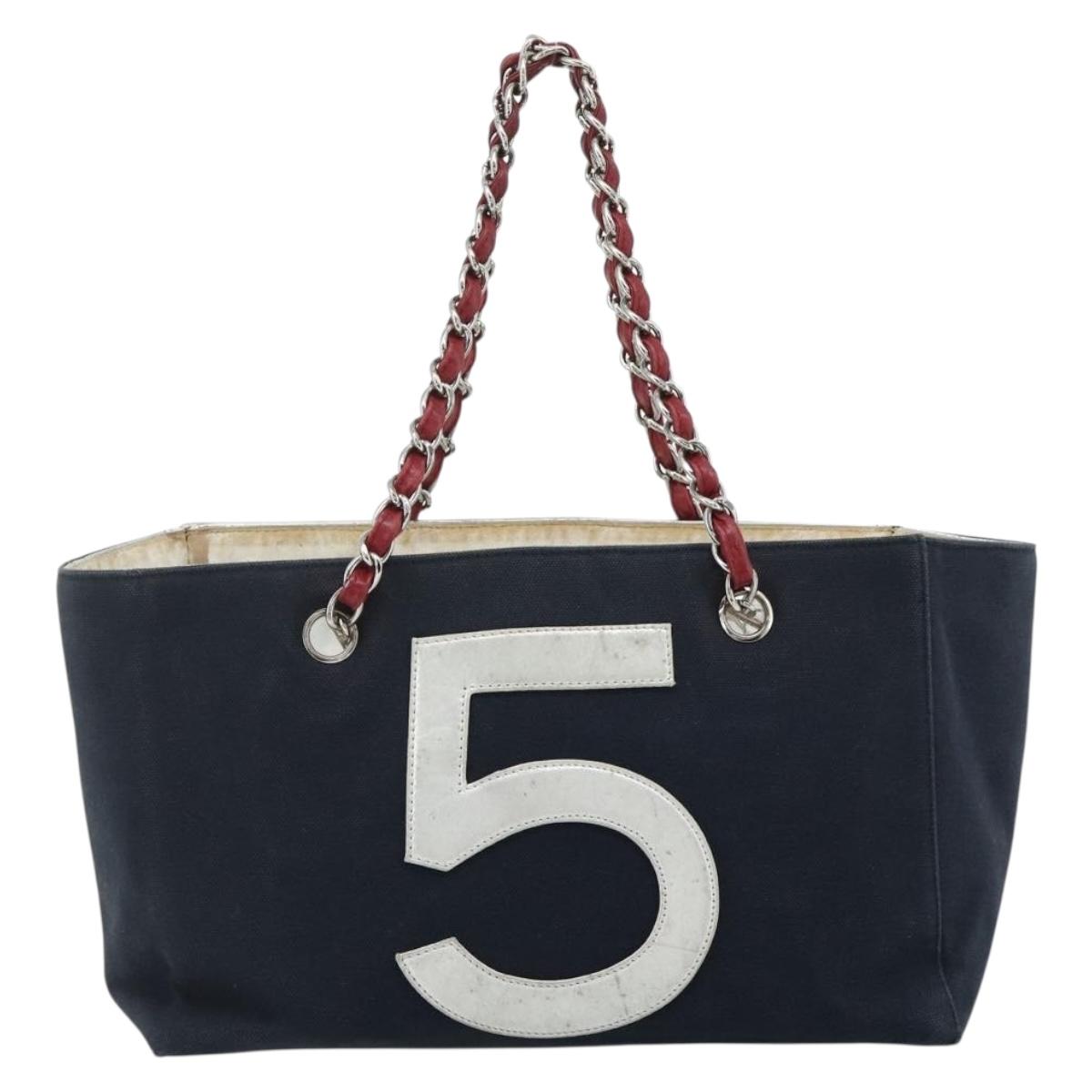 CHANEL Choco Bar Chain Shoulder Tote Bag Canvas Navy Silver CC Auth 179720