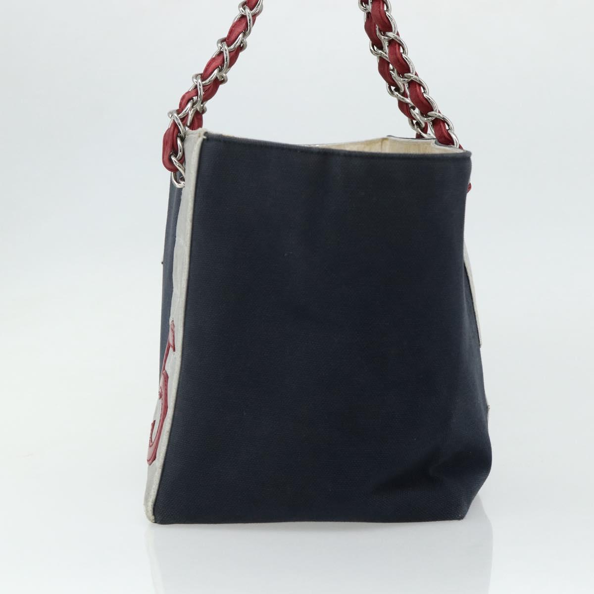 CHANEL Choco Bar Chain Shoulder Tote Bag Canvas Navy Silver CC Auth 179720