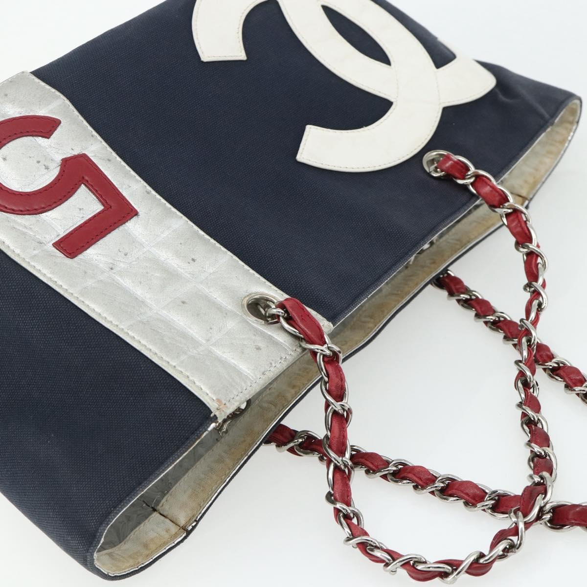 CHANEL Choco Bar Chain Shoulder Tote Bag Canvas Navy Silver CC Auth 179720