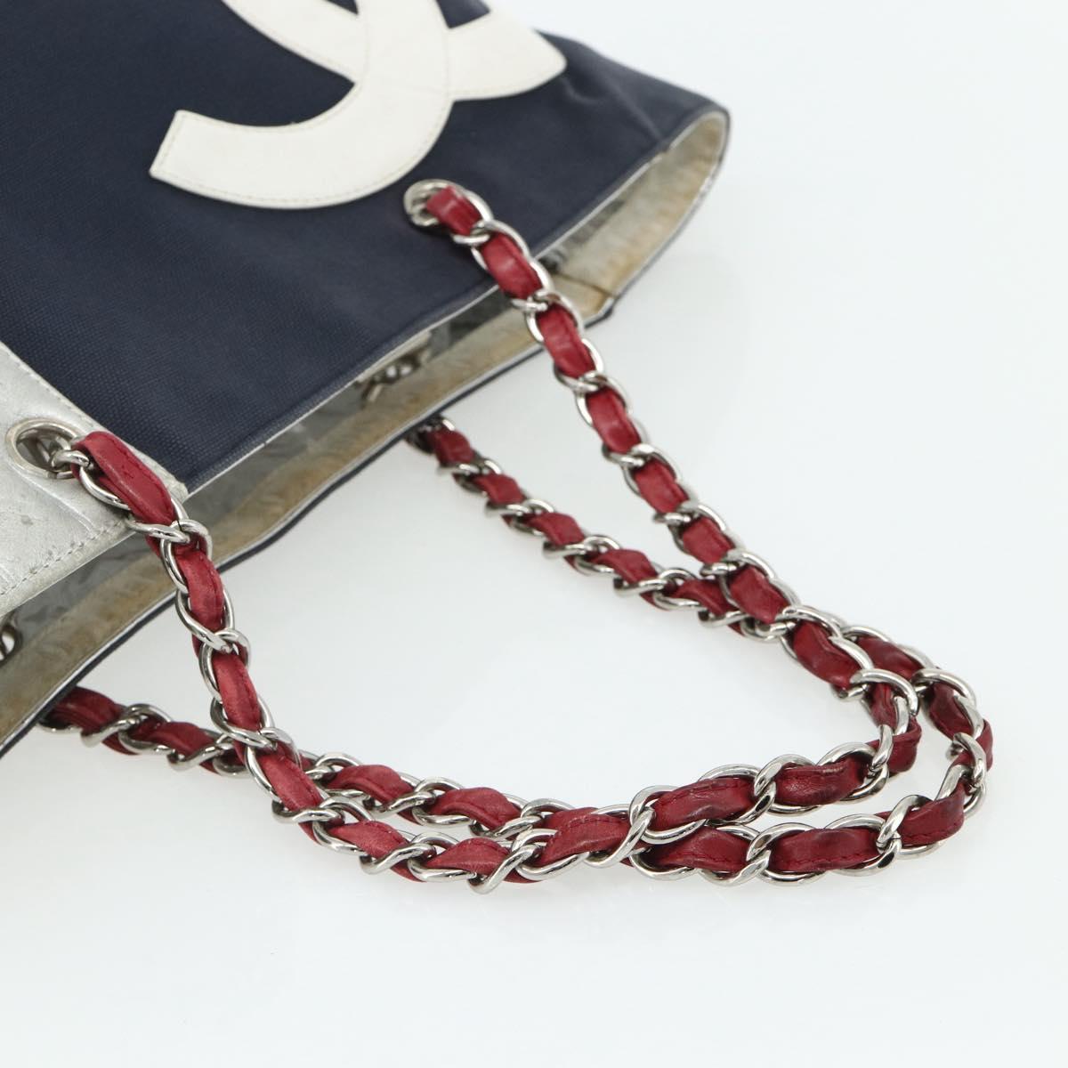 CHANEL Choco Bar Chain Shoulder Tote Bag Canvas Navy Silver CC Auth 179720