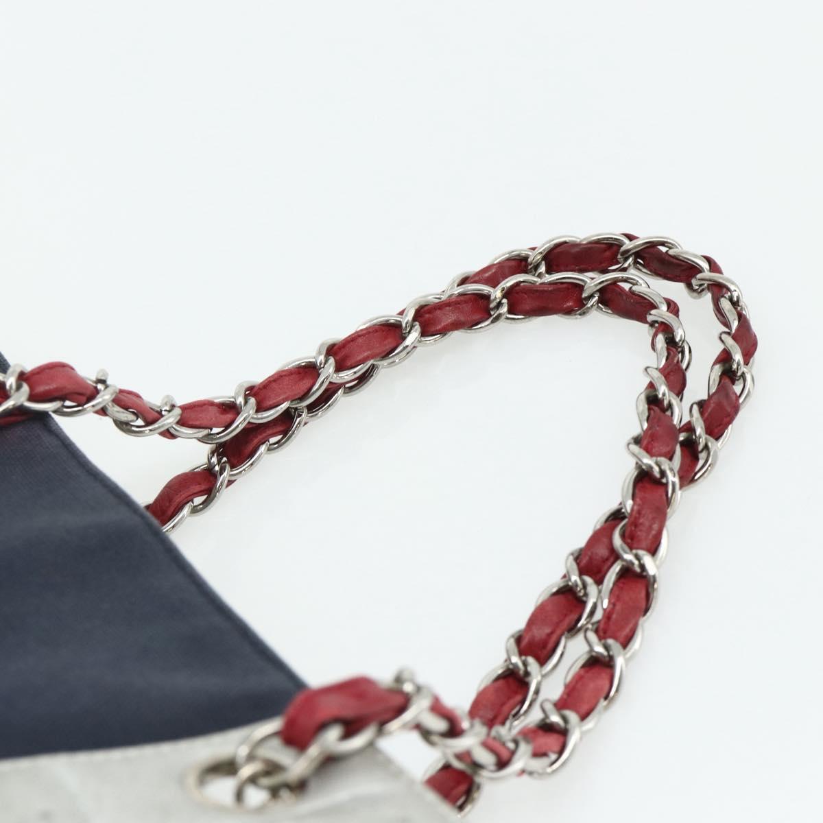 CHANEL Choco Bar Chain Shoulder Tote Bag Canvas Navy Silver CC Auth 179720