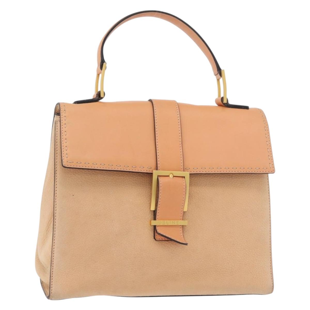 CELINE Hand Bag Leather Beige Gold Auth 179724A