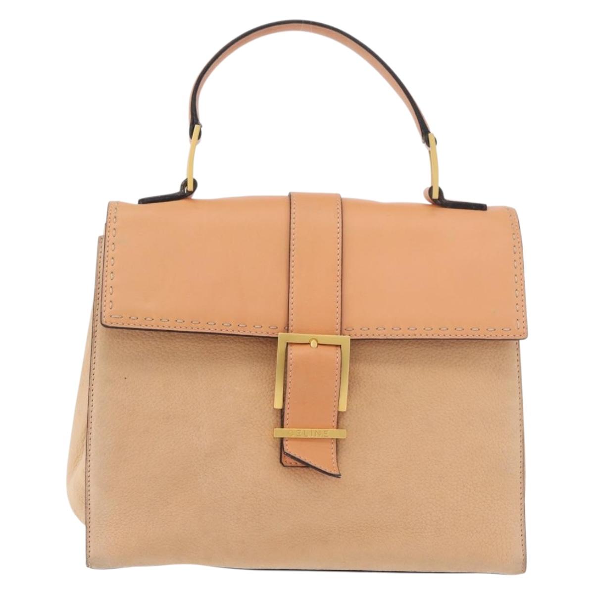 CELINE Hand Bag Leather Beige Gold Auth 179724A