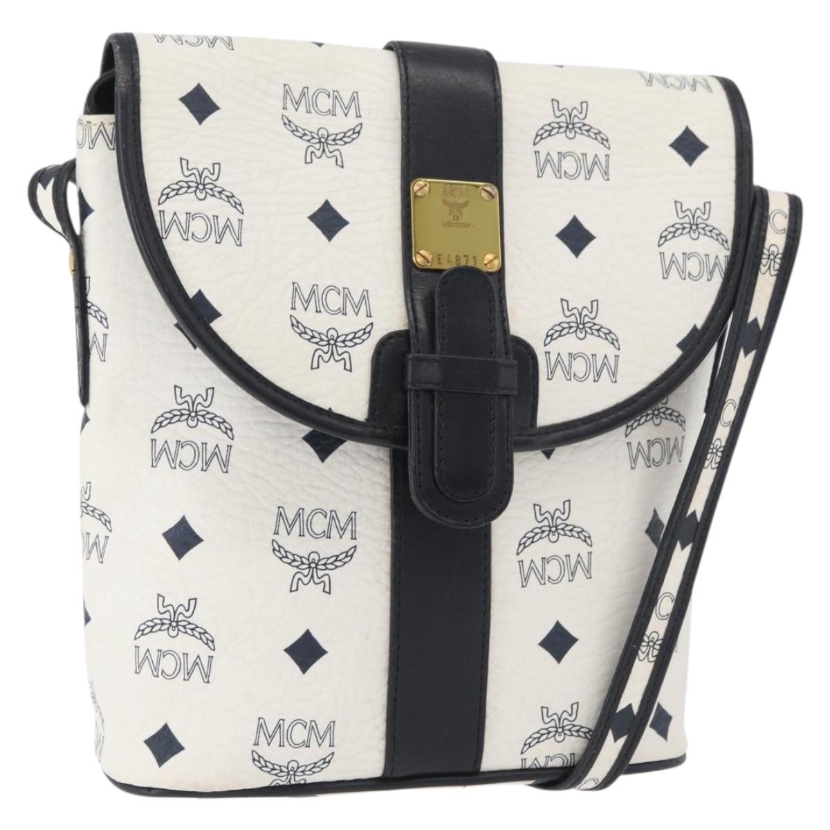 MCM Vicetos Logogram Shoulder Bag PVC Leather White Gold Auth 179730