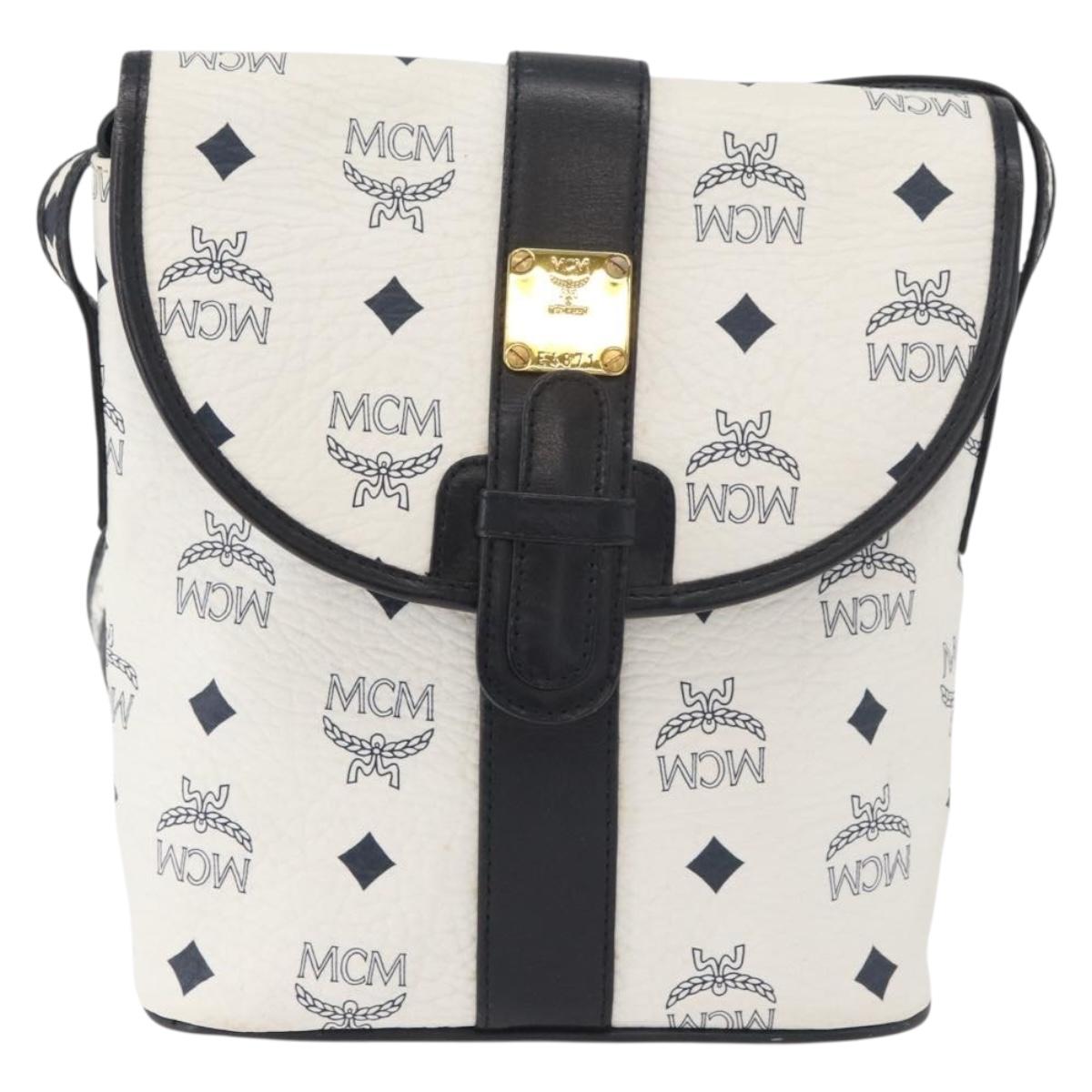 MCM Vicetos Logogram Shoulder Bag PVC Leather White Gold Auth 179730