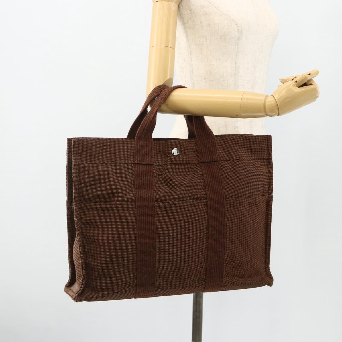 HERMES Her Line Tote MM Tote Bag Canvas Brown Silver Auth 179734A