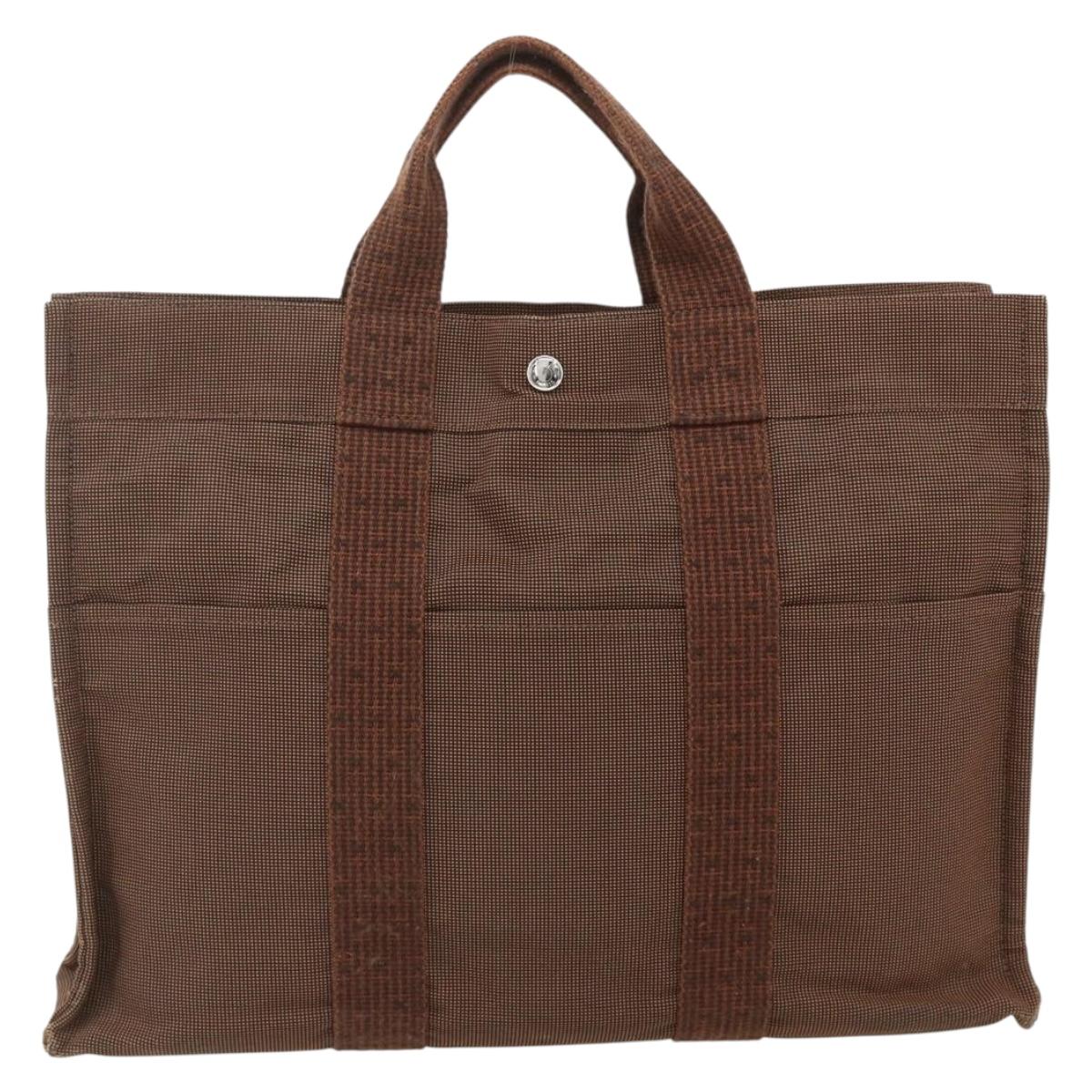 HERMES Her Line Tote MM Tote Bag Canvas Brown Silver Auth 179734A