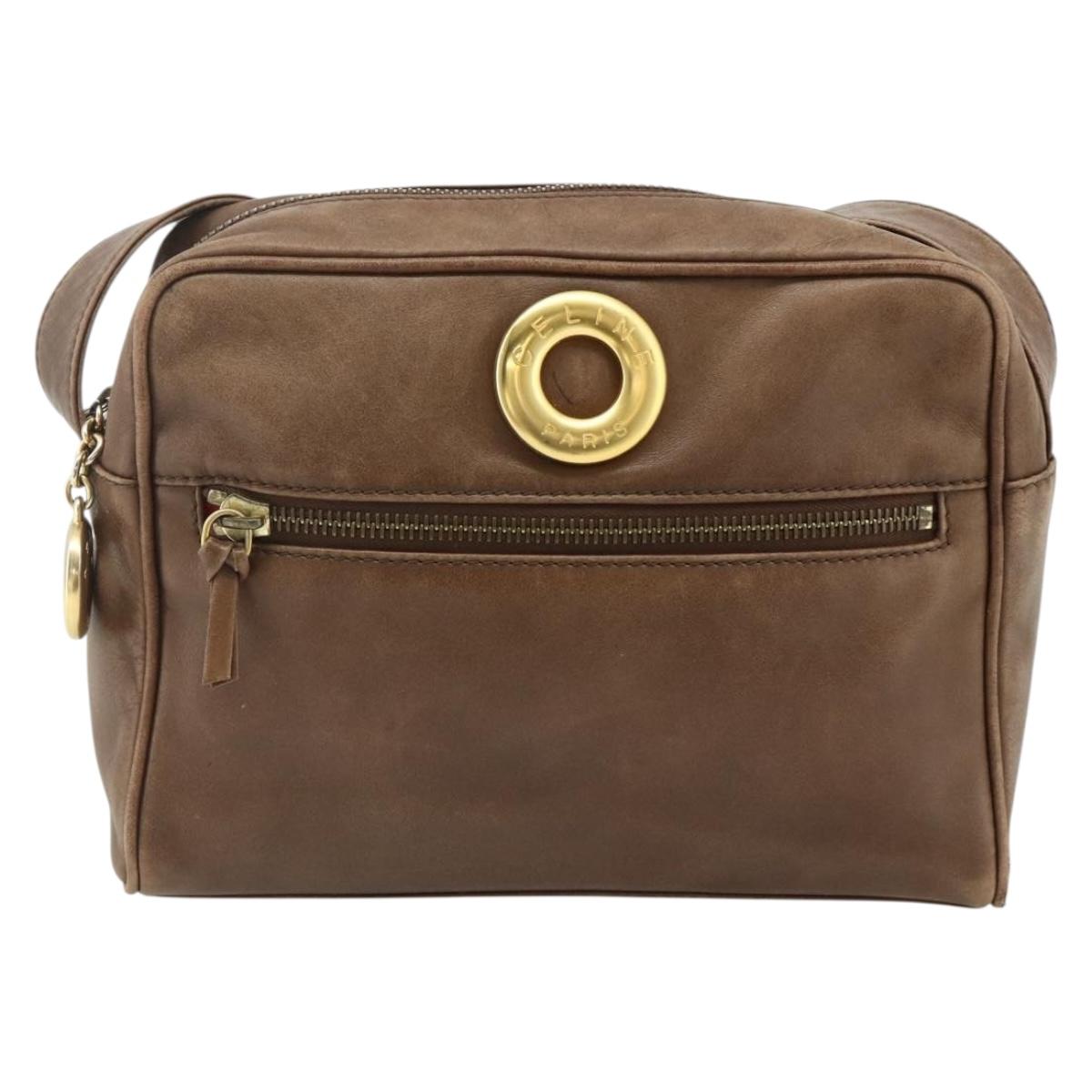 CELINE Circle Shoulder Bag Leather Brown Gold Auth 179757