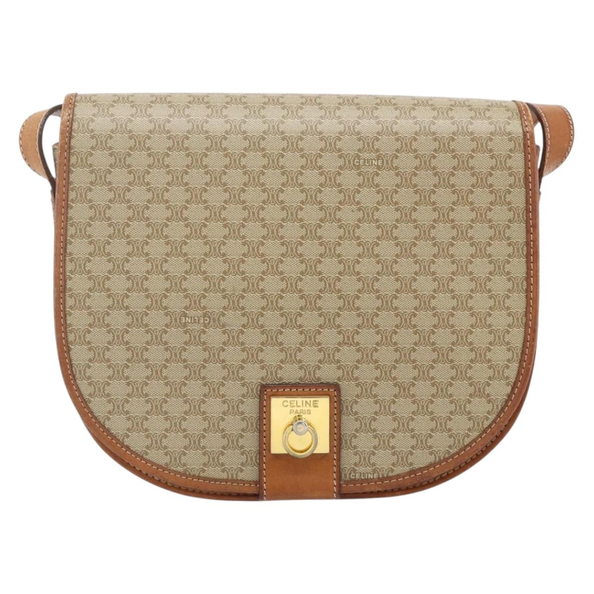 CELINE Macadam Canvas Shoulder Bag PVC Beige Gold Auth 179759