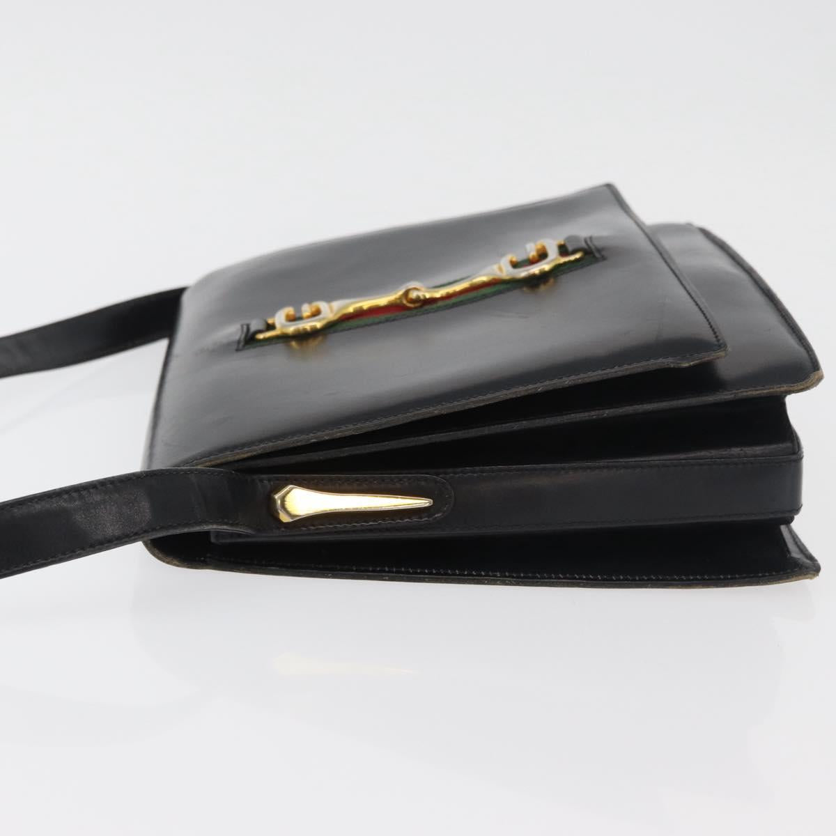 GUCCI Horsebit Web Sherry Line Shoulder Bag Leather Black Gold Auth 179764