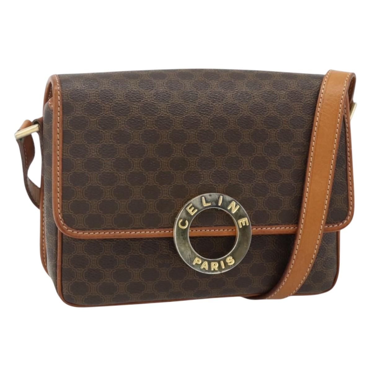 CELINE Macadam Canvas Shoulder Bag PVC Leather Brown Gold Auth 179765A