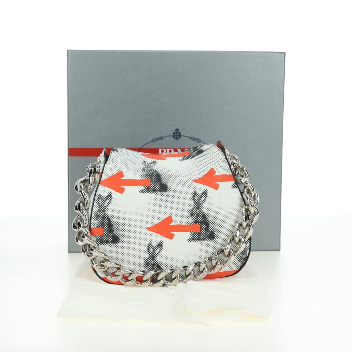 PRADA Sports Chain Shoulder Bag Leather White Silver Auth 179797M