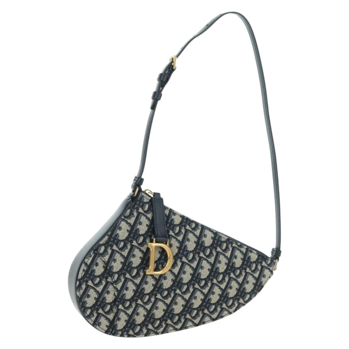 Christian Dior Trotter Canvas Saddle Shoulder Bag Navy Gold Auth 179798SAV