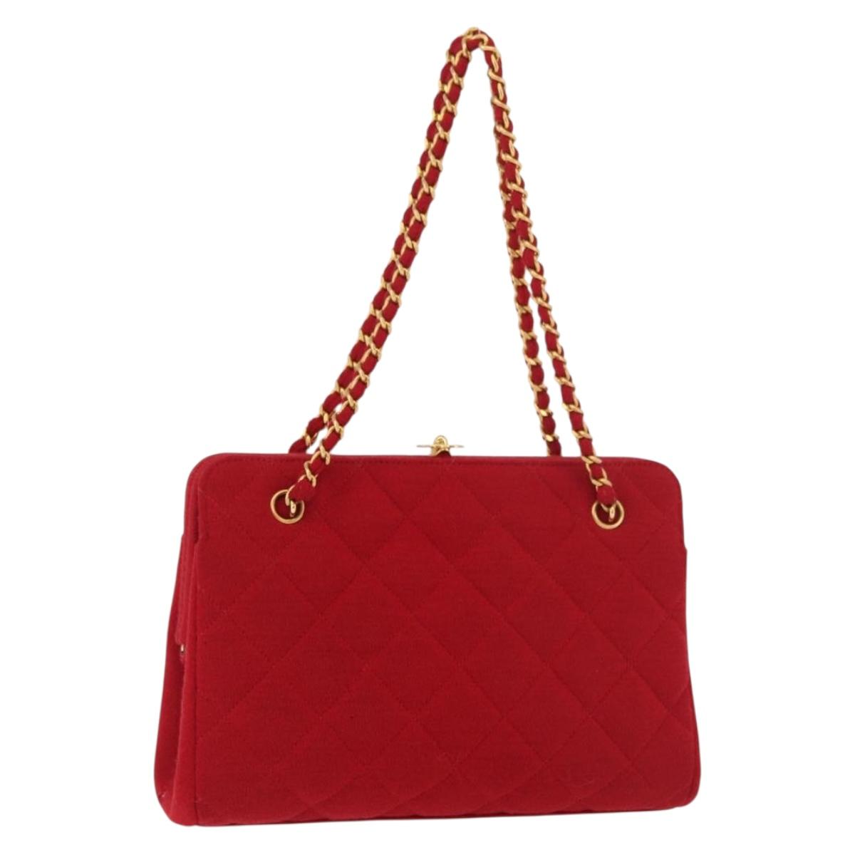 CHANEL Matelasse Chain Shoulder Bag Cotton Red Gold CC Auth 179799