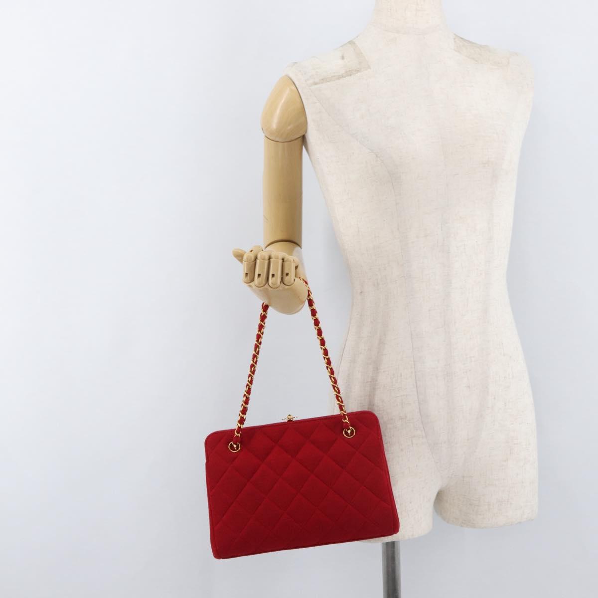 CHANEL Matelasse Chain Shoulder Bag Cotton Red Gold CC Auth 179799