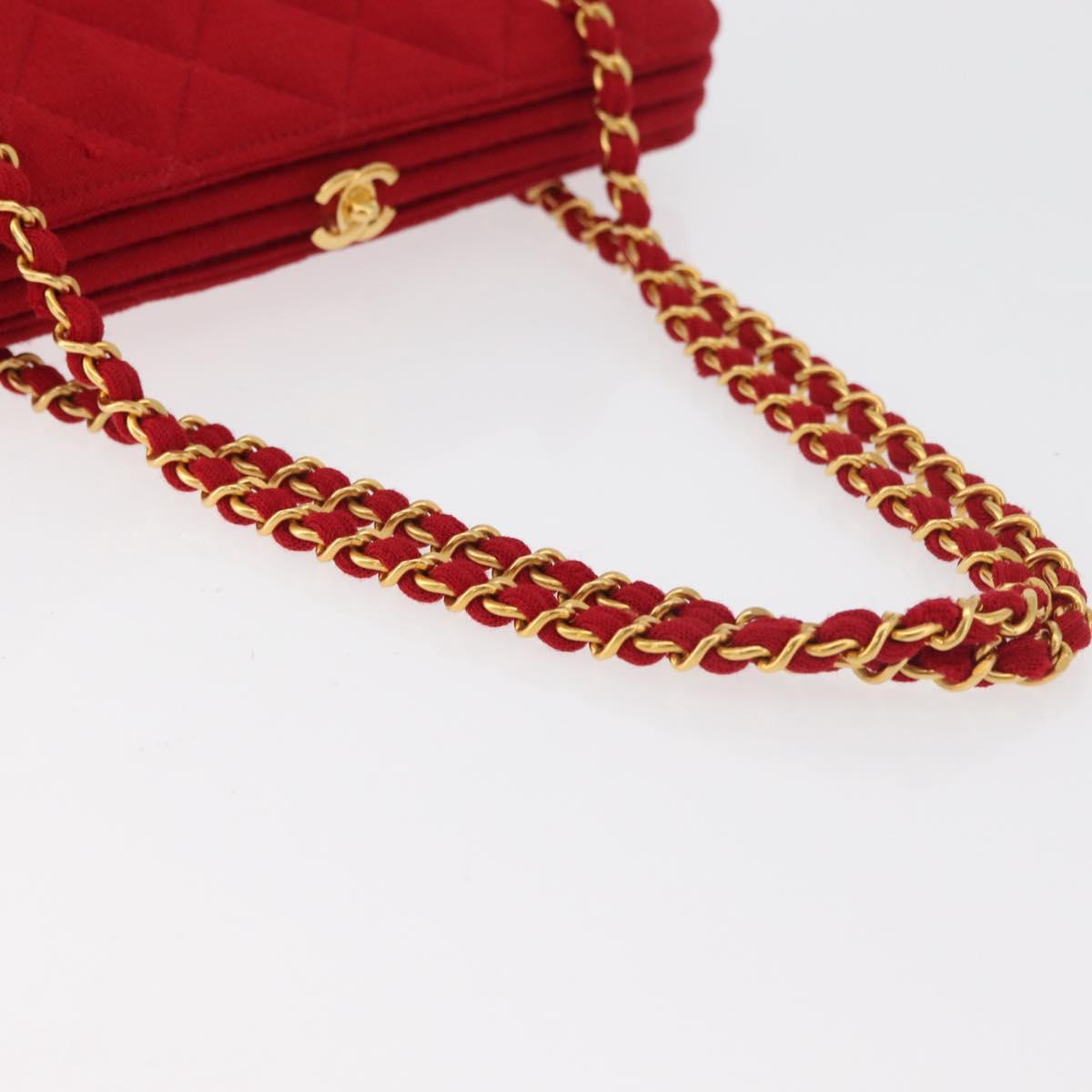 CHANEL Matelasse Chain Shoulder Bag Cotton Red Gold CC Auth 179799