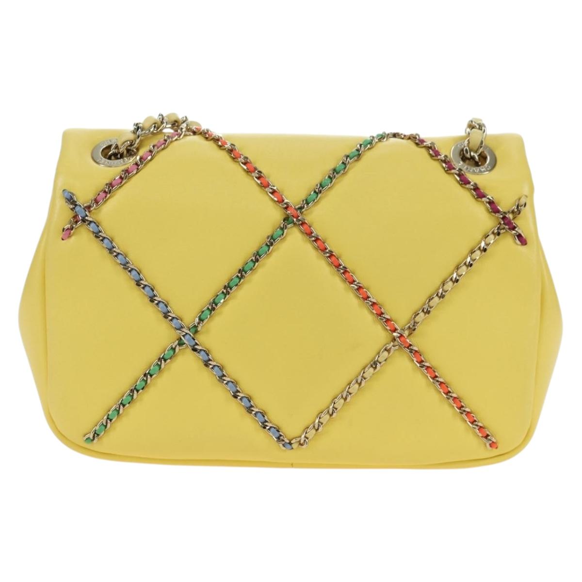 CHANEL Matelasse Chain Shoulder Bag Lamb Skin Yellow Gold CC Auth 179803SAV