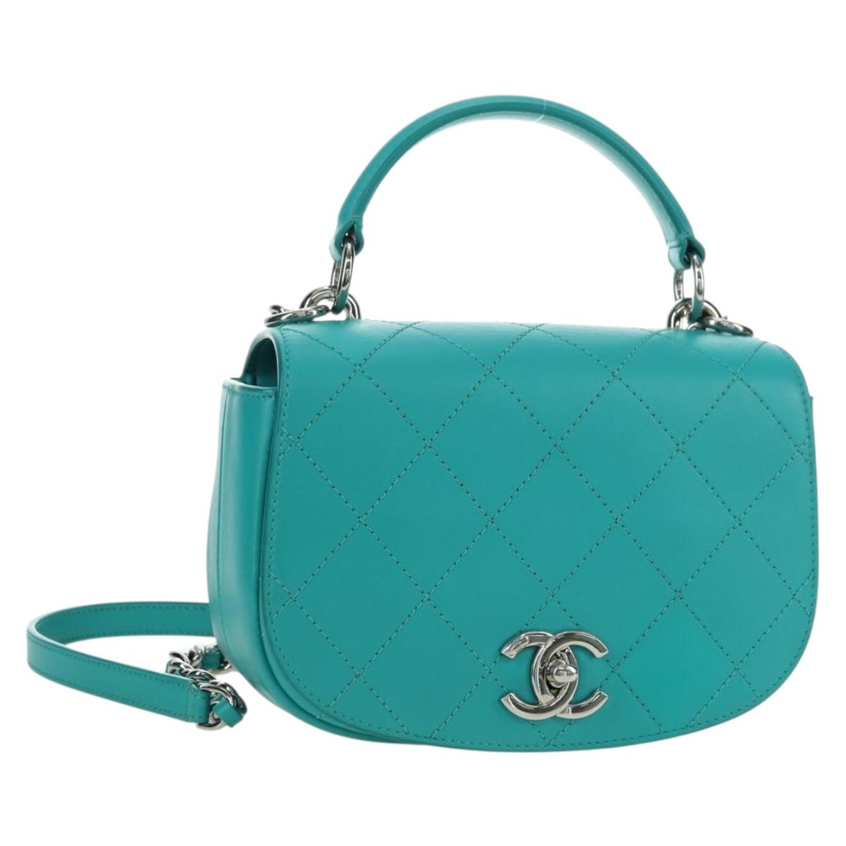 CHANEL Matelasse Chain Bag Lamb Skin 2way Silver Emerald Green CC Auth 179804SAV