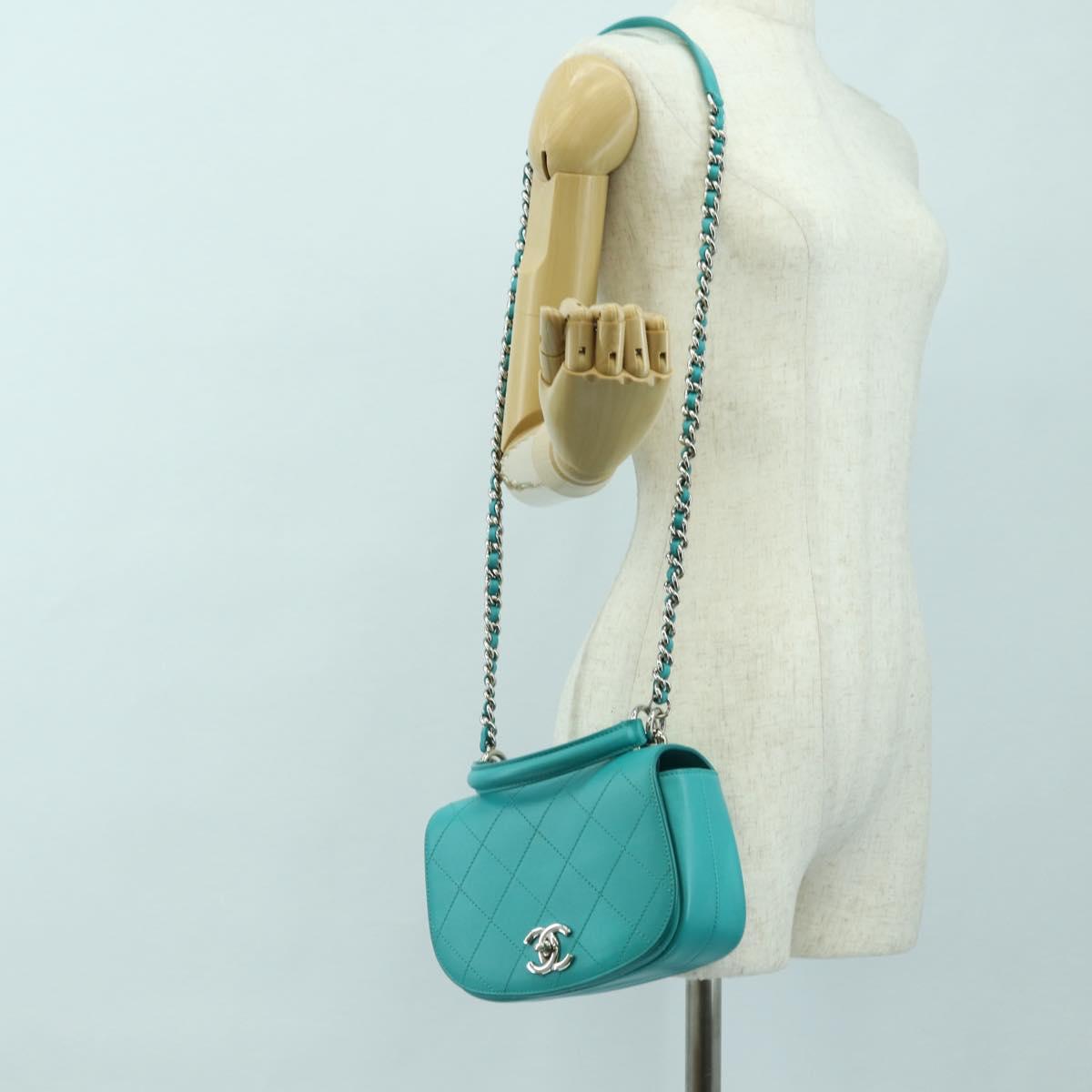 CHANEL Matelasse Chain Bag Lamb Skin 2way Silver Emerald Green CC Auth 179804SAV