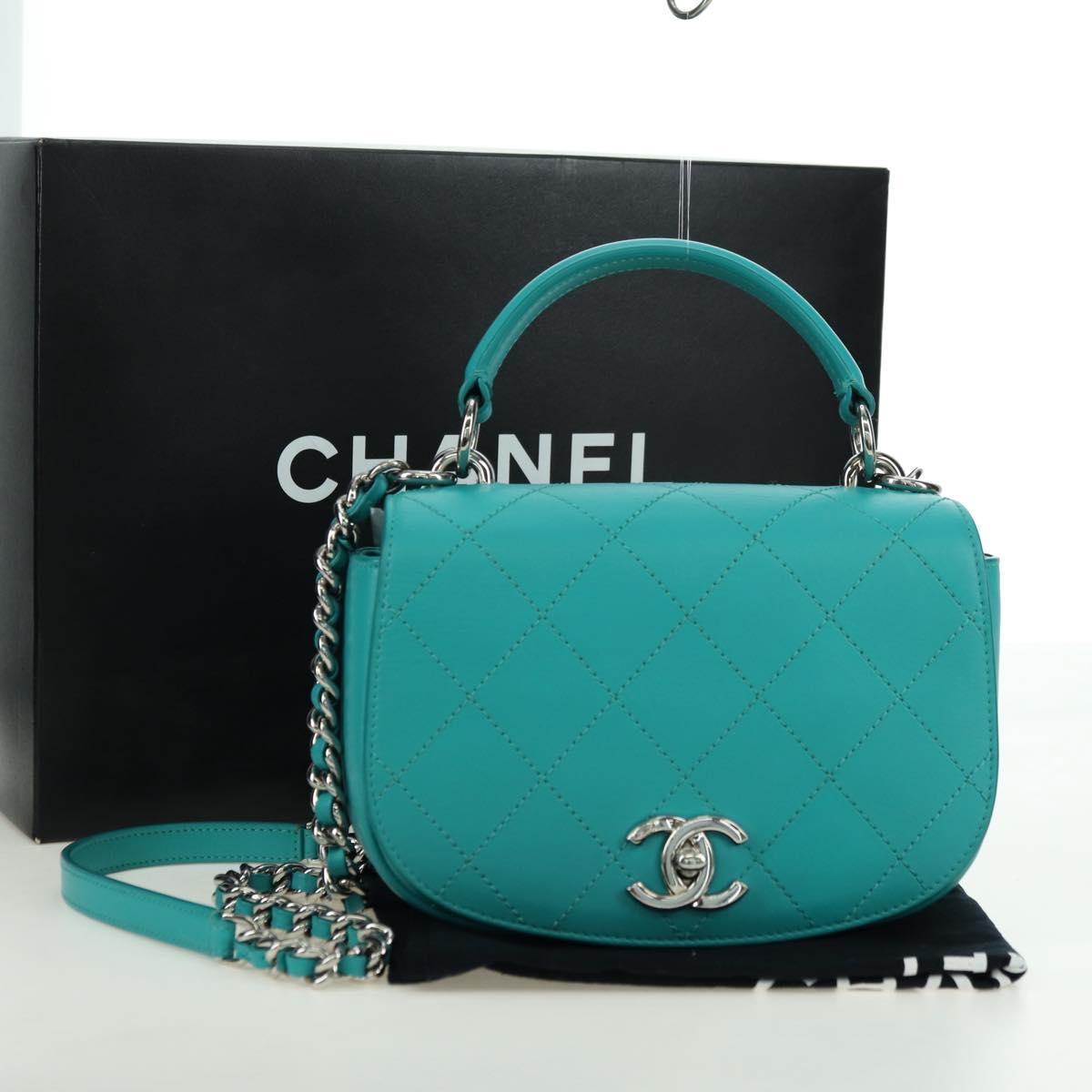 CHANEL Matelasse Chain Bag Lamb Skin 2way Silver Emerald Green CC Auth 179804SAV