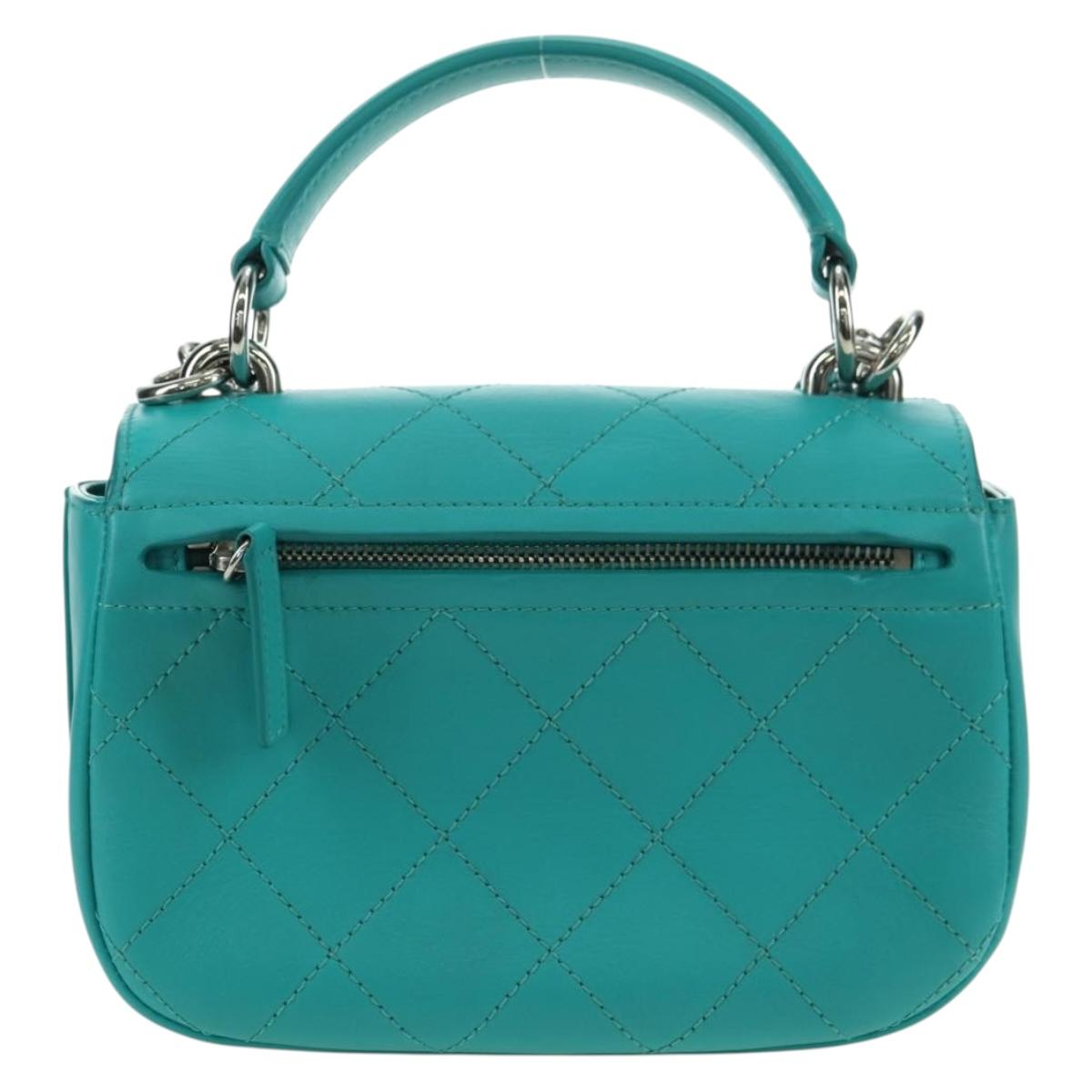 CHANEL Matelasse Chain Bag Lamb Skin 2way Silver Emerald Green CC Auth 179804SAV