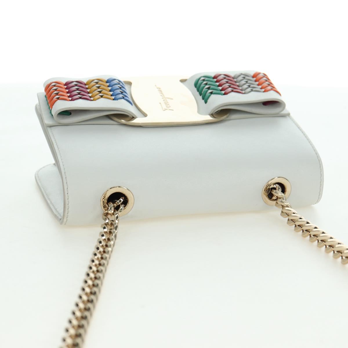 Salvatore Ferragamo Chain Vala Shoulder Bag Leather White Gold Auth 179845A