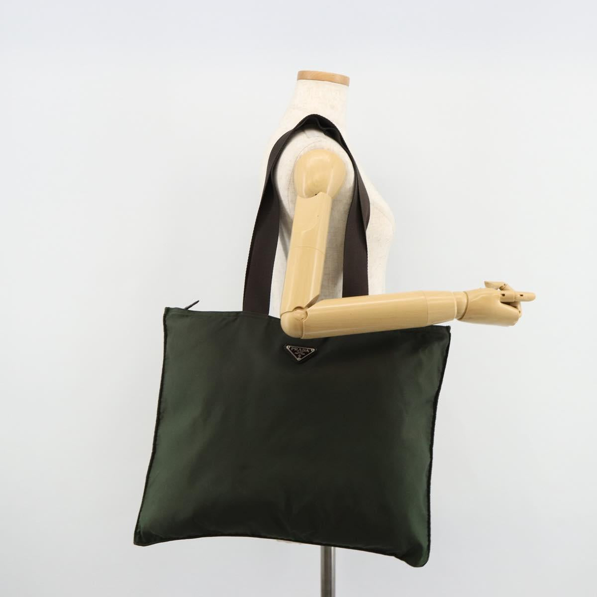 PRADA Tote Bag Nylon Khaki Silver Auth 179851