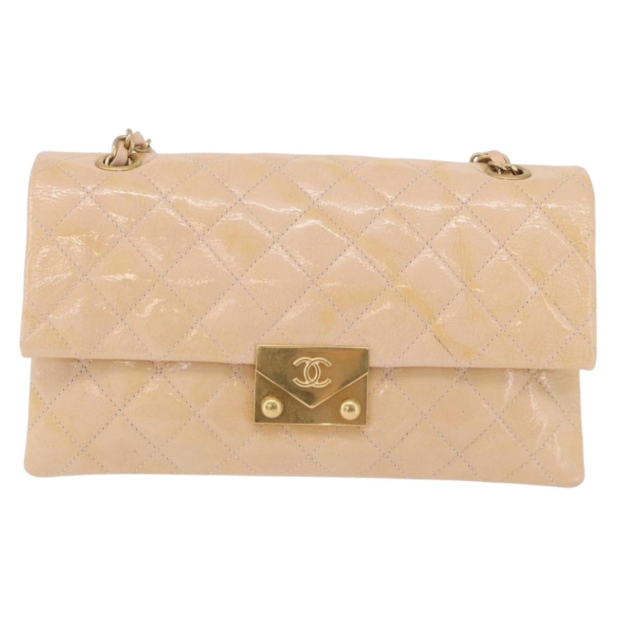 CHANEL Matelasse Chain Shoulder Bag Patent leather Beige Gold CC Auth 179868A