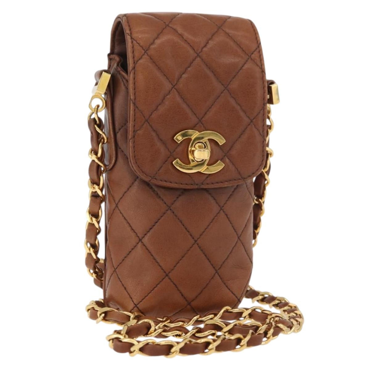 CHANEL Matelasse Chain Shoulder Bag Lamb Skin Brown Gold CC Auth 179875A
