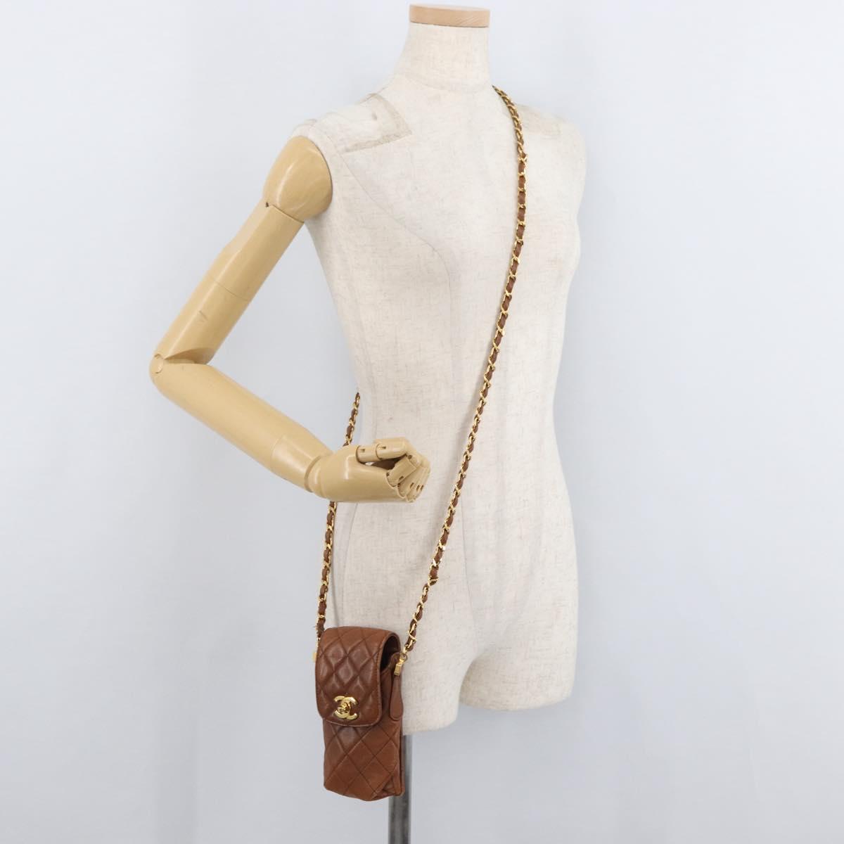 CHANEL Matelasse Chain Shoulder Bag Lamb Skin Brown Gold CC Auth 179875A