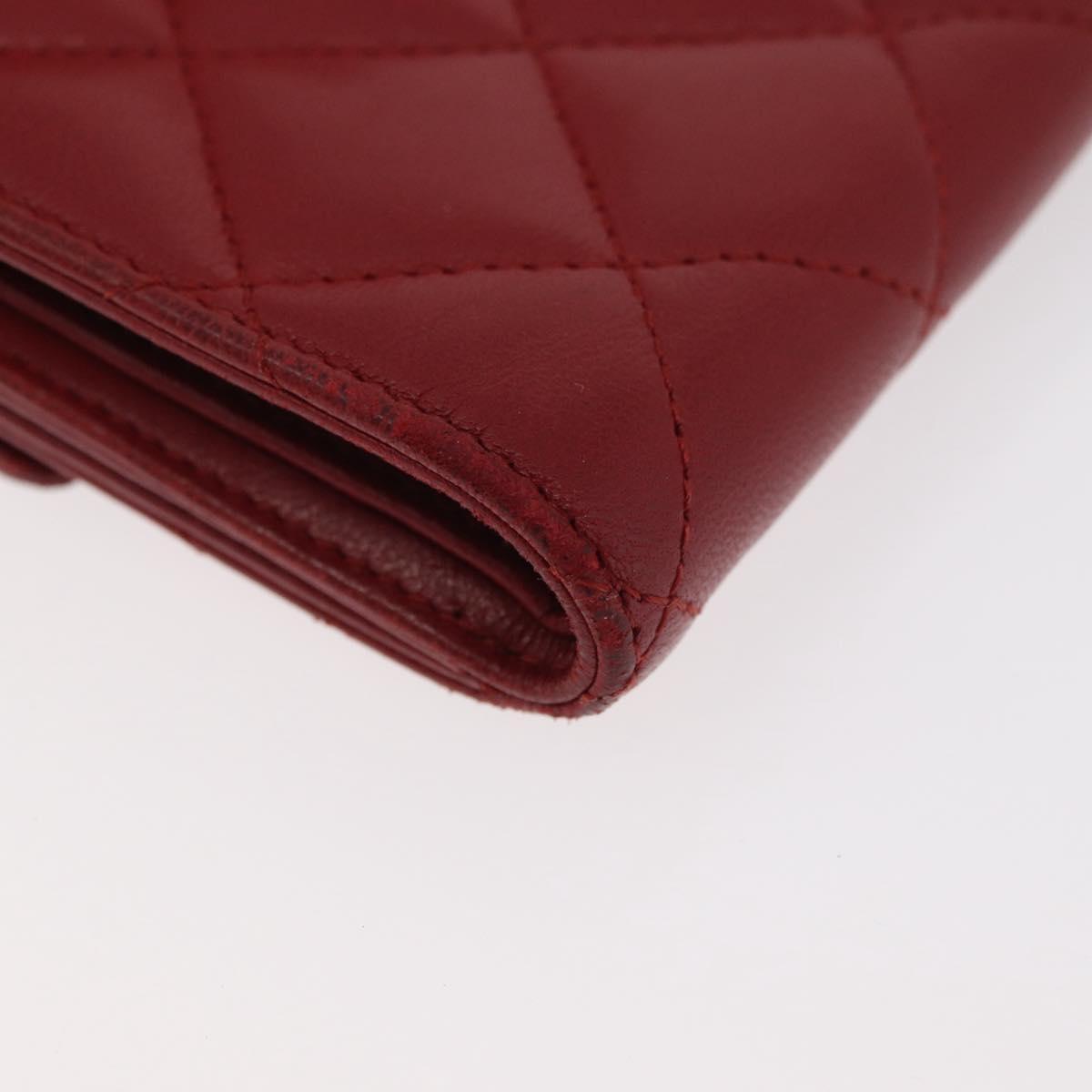 CHANEL Matelasse Compact Wallet Lamb Skin Red Silver CC Auth 179886A