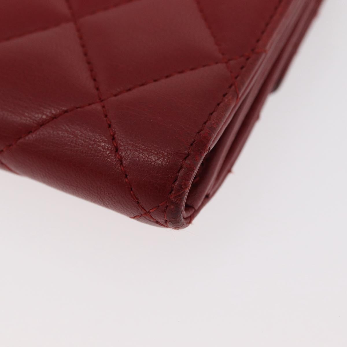 CHANEL Matelasse Compact Wallet Lamb Skin Red Silver CC Auth 179886A