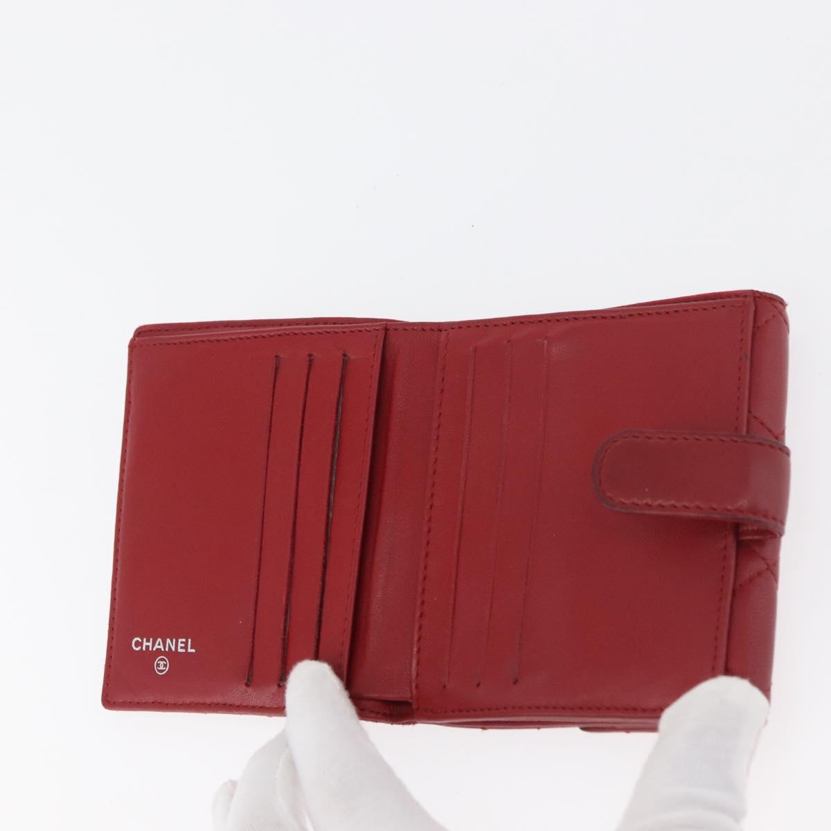 CHANEL Matelasse Compact Wallet Lamb Skin Red Silver CC Auth 179886A
