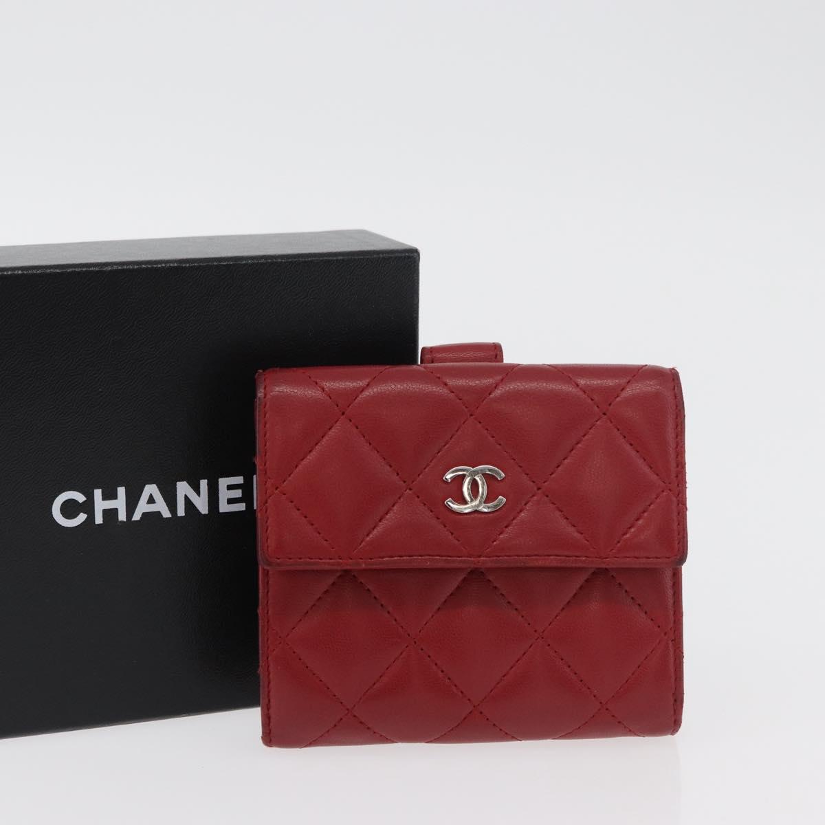 CHANEL Matelasse Compact Wallet Lamb Skin Red Silver CC Auth 179886A