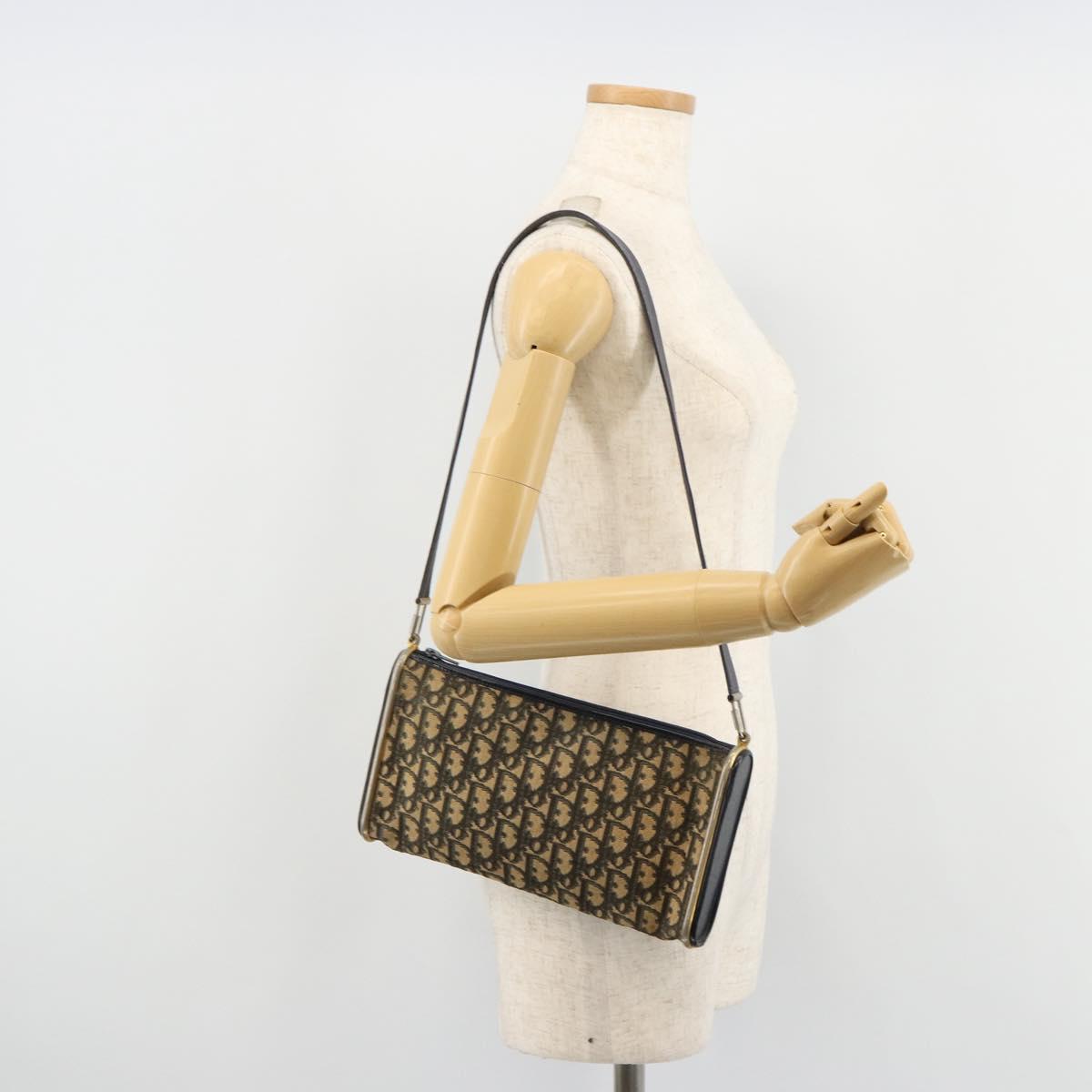 Christian Dior Trotter Canvas Shoulder Bag Gold Navy Auth 179905