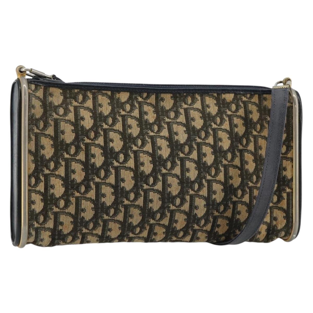 Christian Dior Trotter Canvas Shoulder Bag Gold Navy Auth 179905