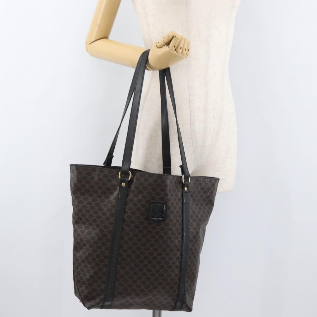 CELINE Macadam Canvas Tote Bag PVC Leather Black Gold Auth 179914