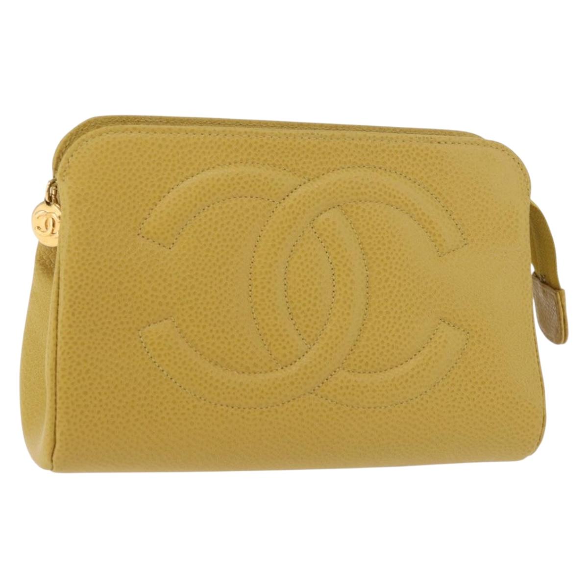 CHANEL Pouch Caviar Skin Yellow Gold CC Auth 179955